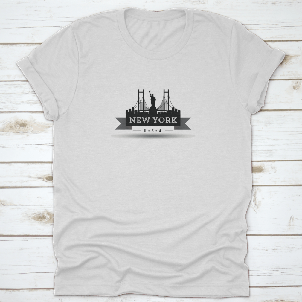 A stylish black t-shirt featuring the New York City skyline ribbon design, made from 100% cotton for comfort.