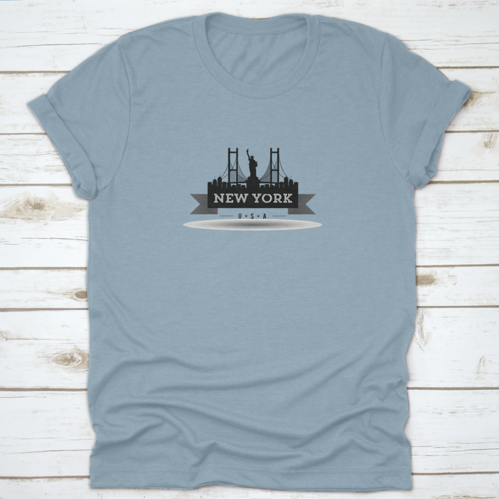 A stylish black t-shirt featuring the New York City skyline ribbon design, made from 100% cotton for comfort.