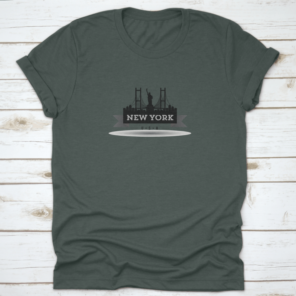 A stylish black t-shirt featuring the New York City skyline ribbon design, made from 100% cotton for comfort.