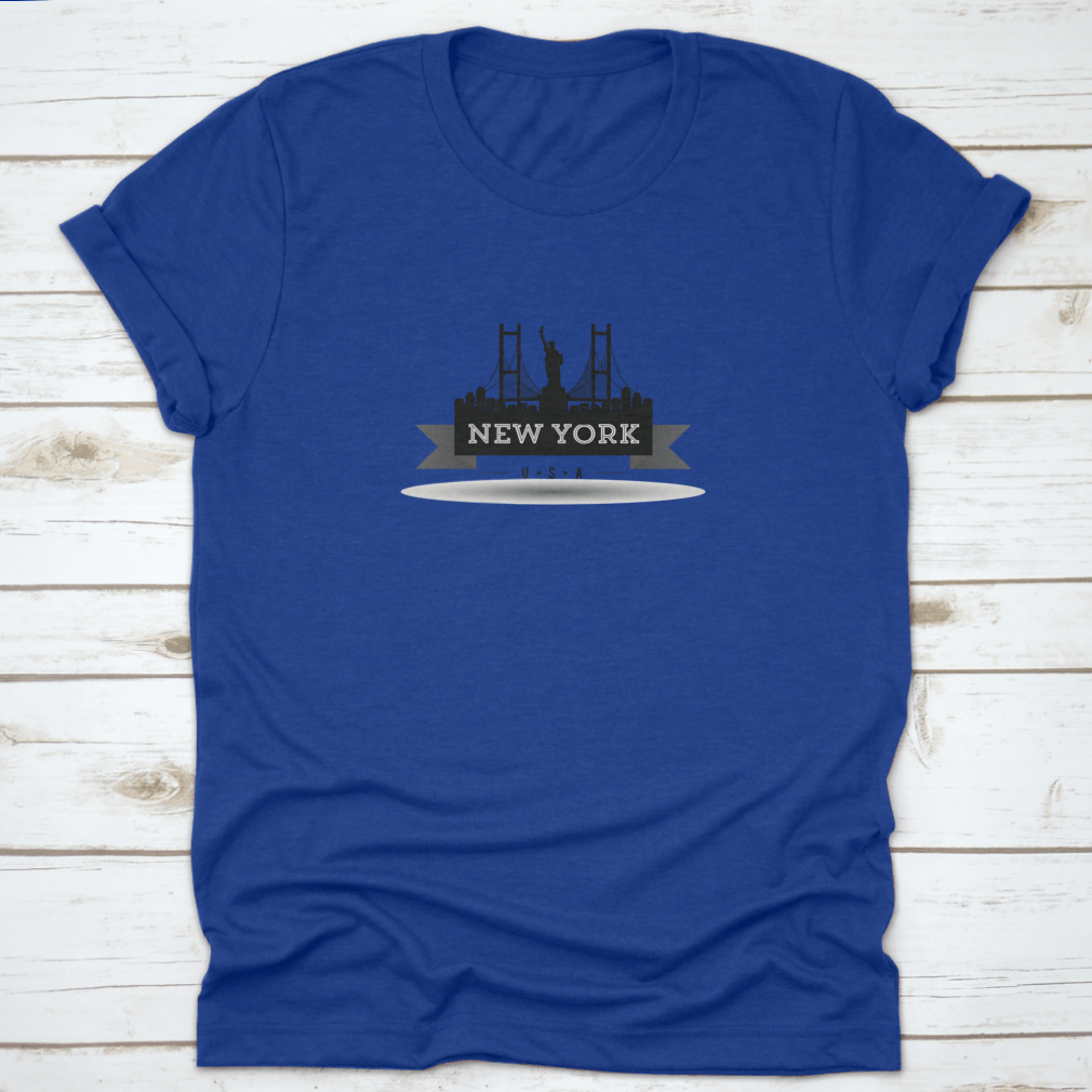 A stylish black t-shirt featuring the New York City skyline ribbon design, made from 100% cotton for comfort.