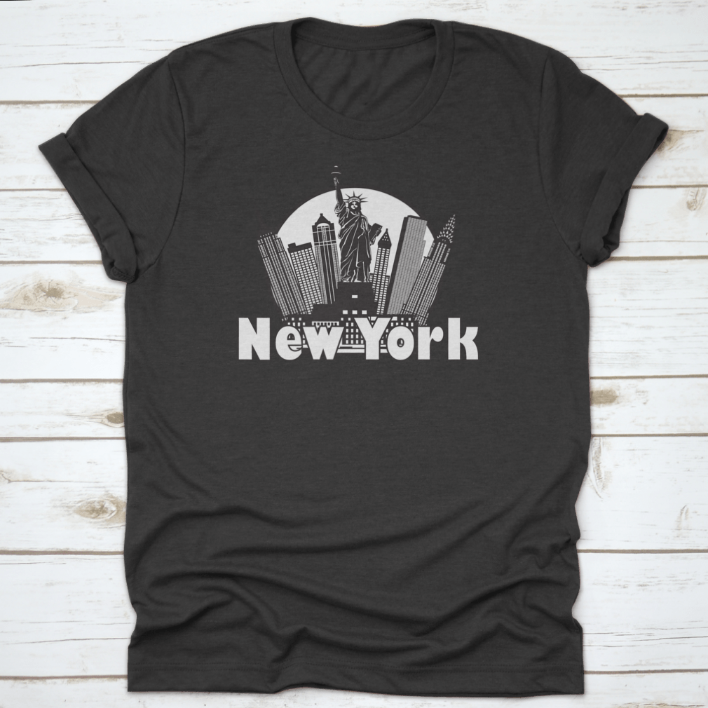 Black and white circle design featuring the New York City skyline and the Statue of Liberty, showcasing iconic city landmarks.