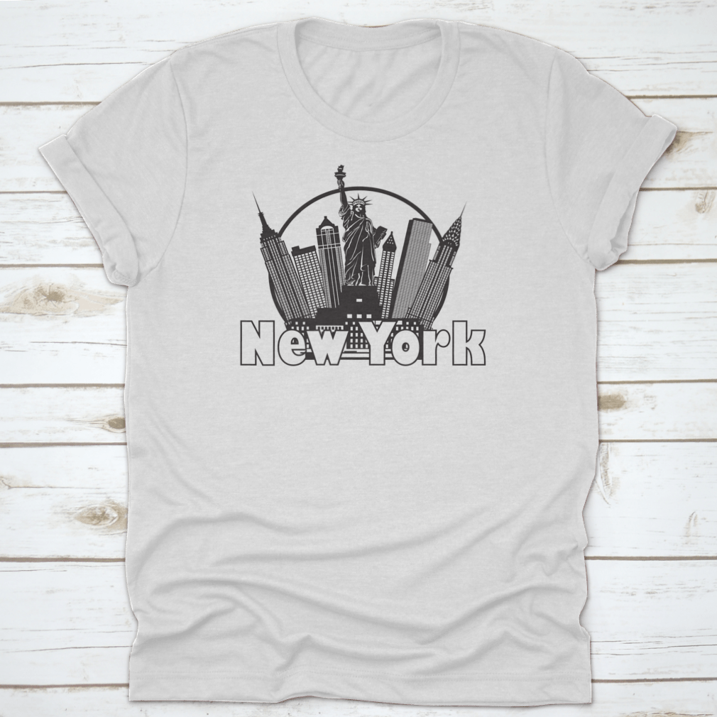 Black and white circle design featuring the New York City skyline and the Statue of Liberty, showcasing iconic city landmarks.