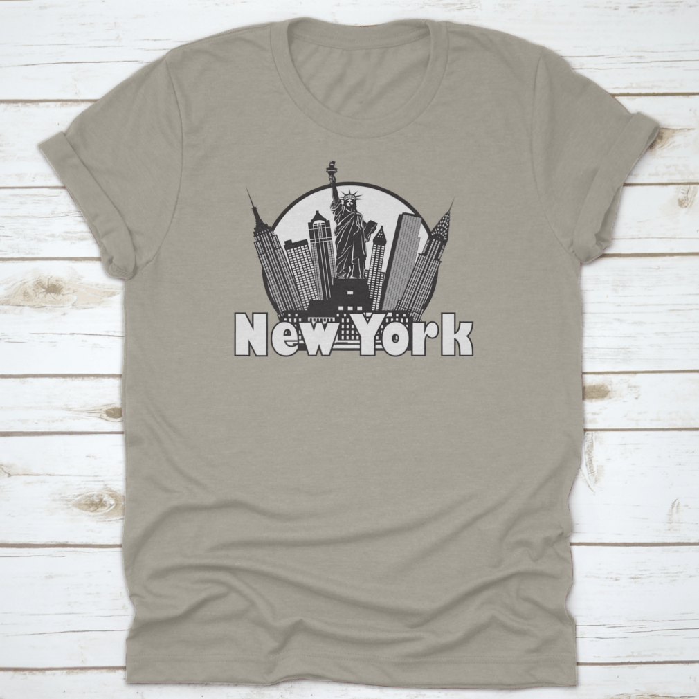 Black and white circle design featuring the New York City skyline and the Statue of Liberty, showcasing iconic city landmarks.