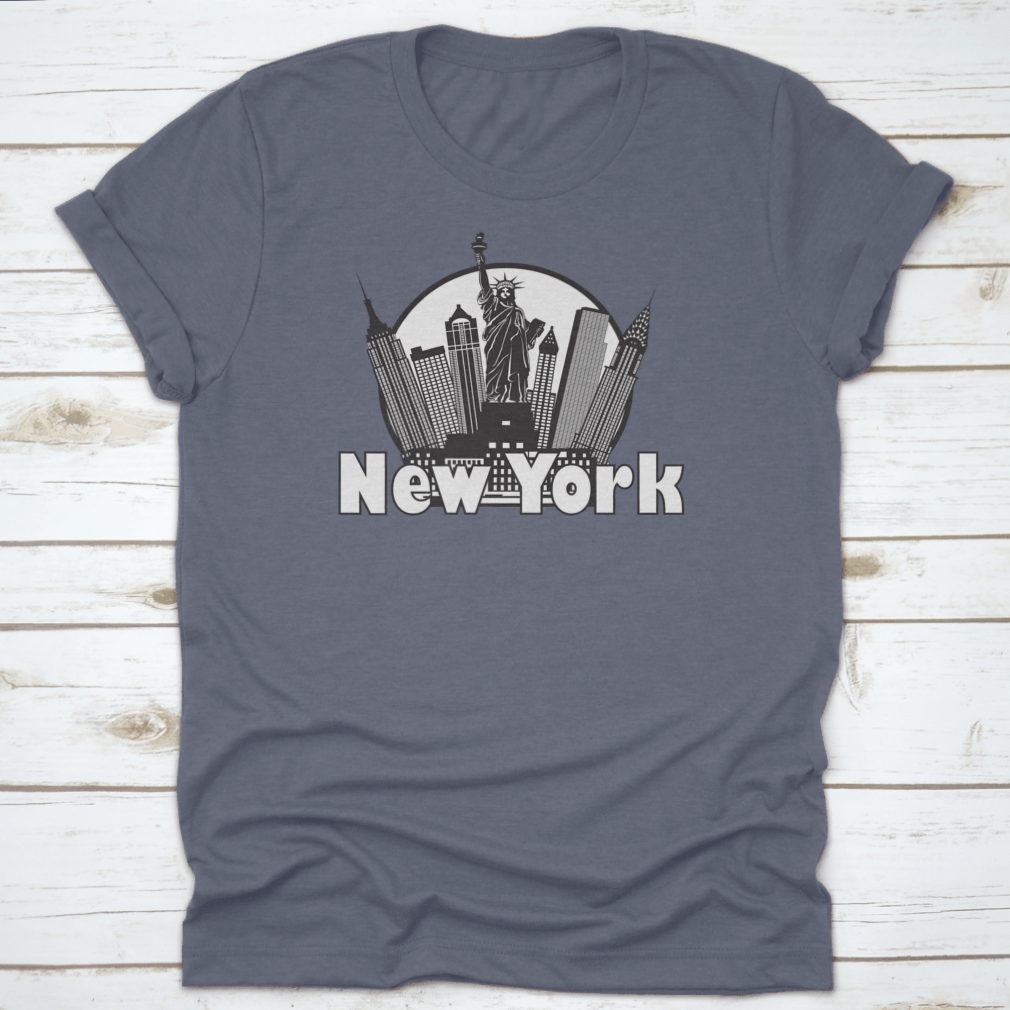 Black and white circle design featuring the New York City skyline and the Statue of Liberty, showcasing iconic city landmarks.