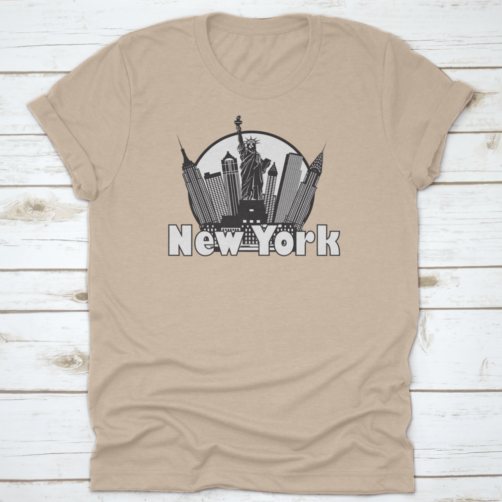 Black and white circle design featuring the New York City skyline and the Statue of Liberty, showcasing iconic city landmarks.