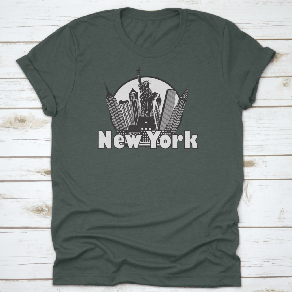 Black and white circle design featuring the New York City skyline and the Statue of Liberty, showcasing iconic city landmarks.