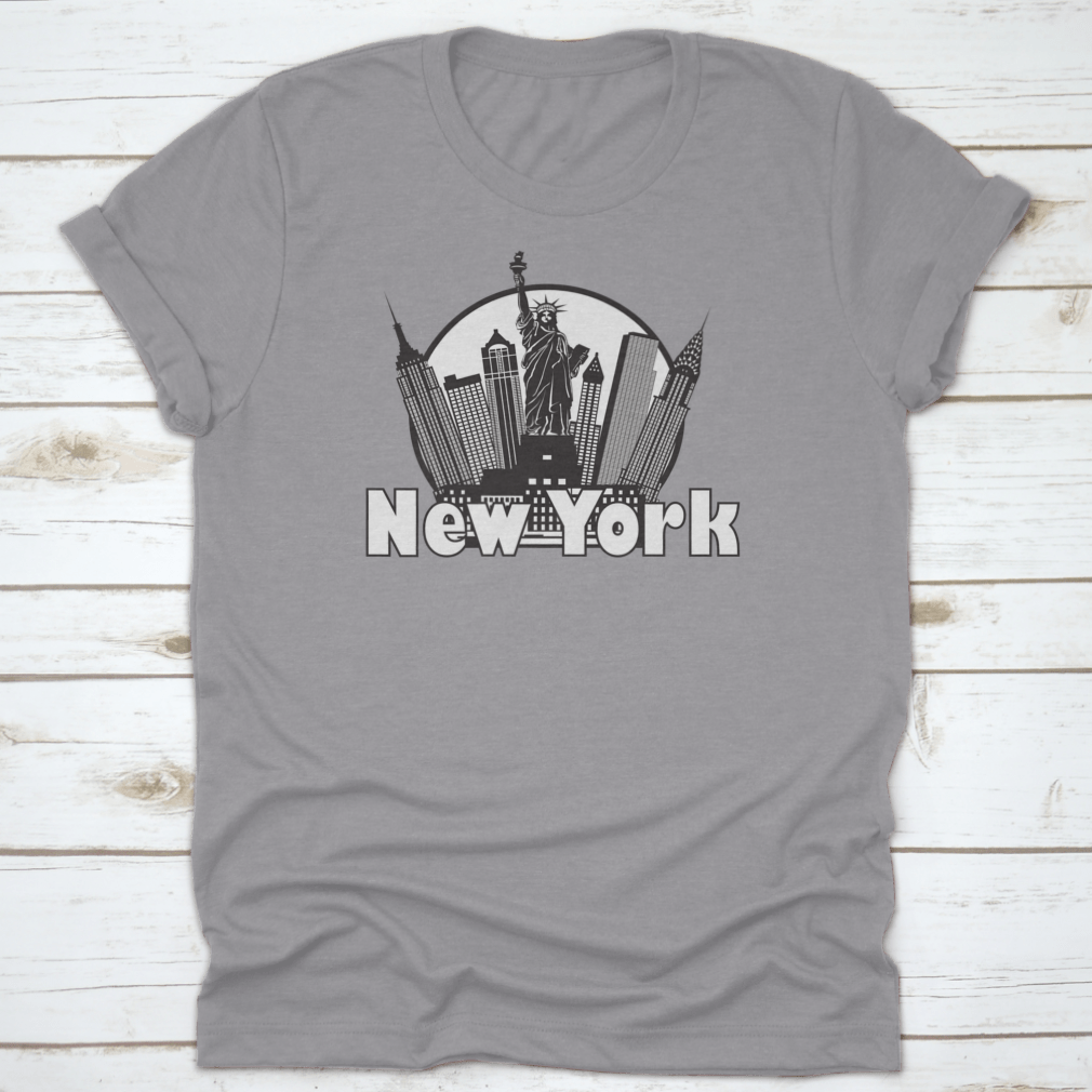 Black and white circle design featuring the New York City skyline and the Statue of Liberty, showcasing iconic city landmarks.