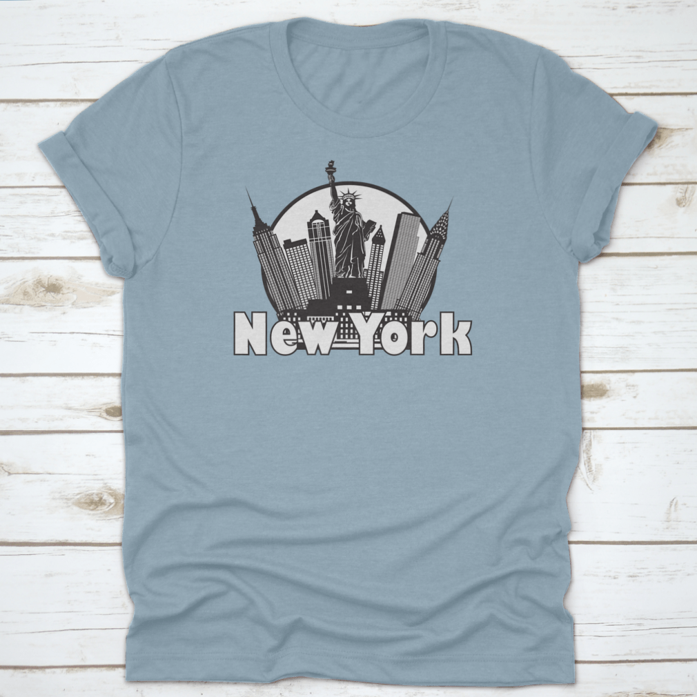 Black and white circle design featuring the New York City skyline and the Statue of Liberty, showcasing iconic city landmarks.