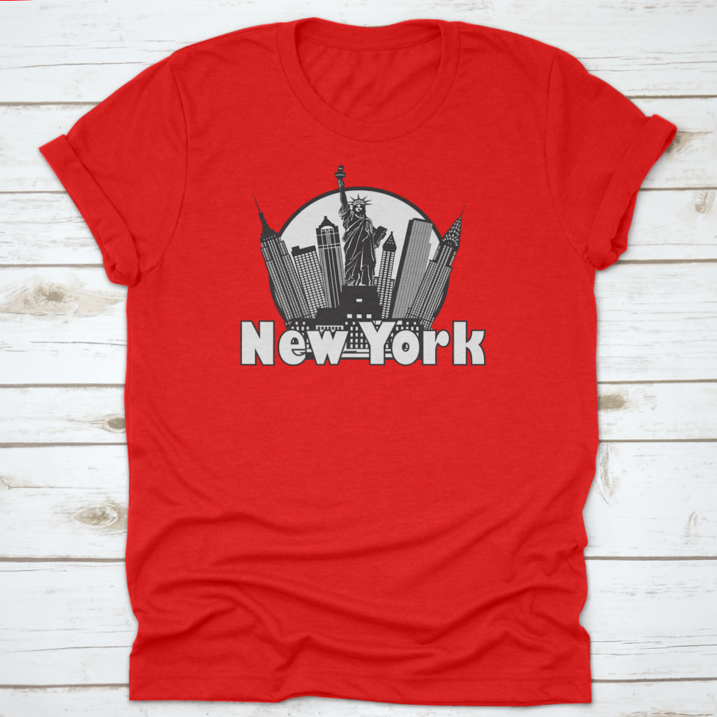 Black and white circle design featuring the New York City skyline and the Statue of Liberty, showcasing iconic city landmarks.