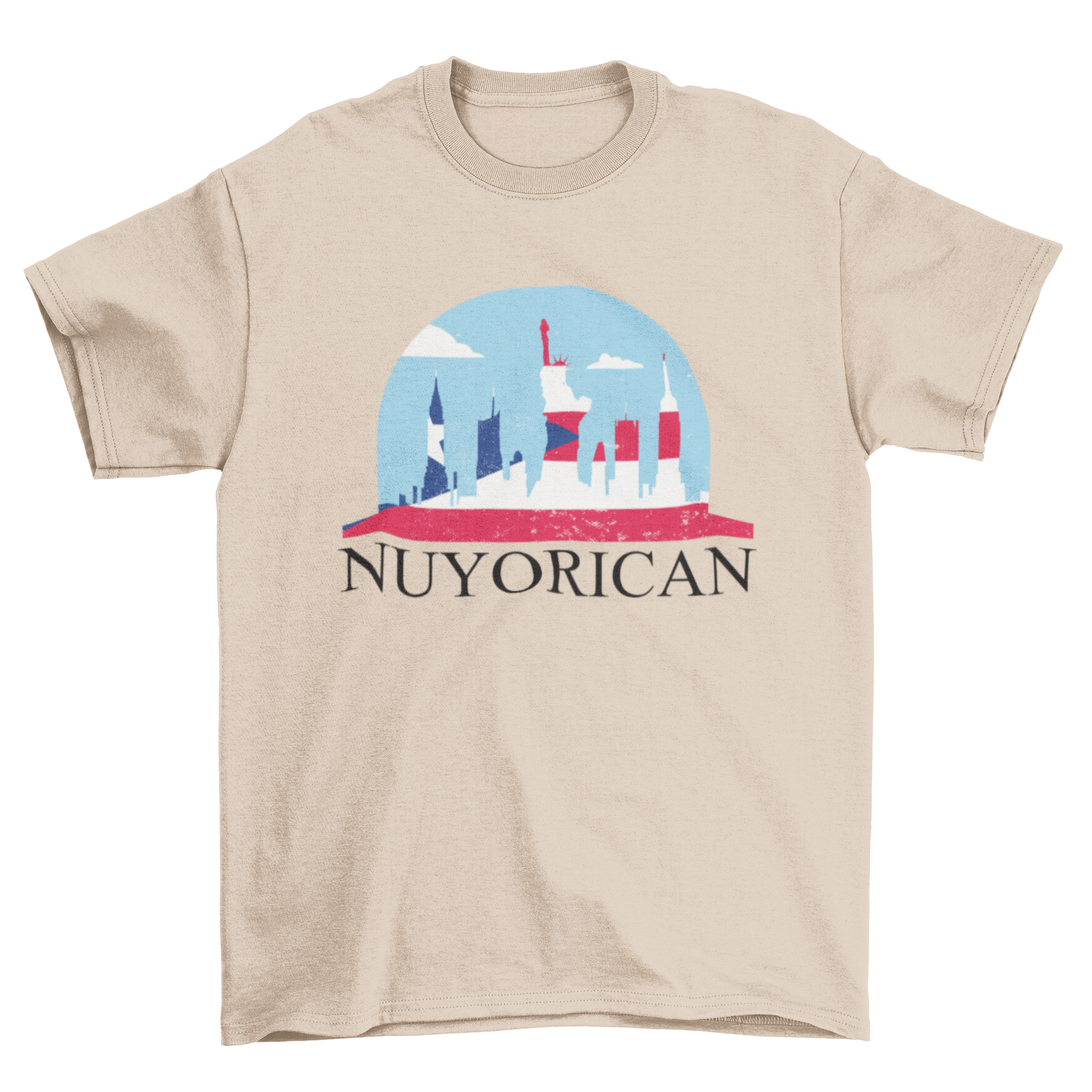 New York Puerto Rico T-shirt featuring skyline design and Puerto Rican flag.