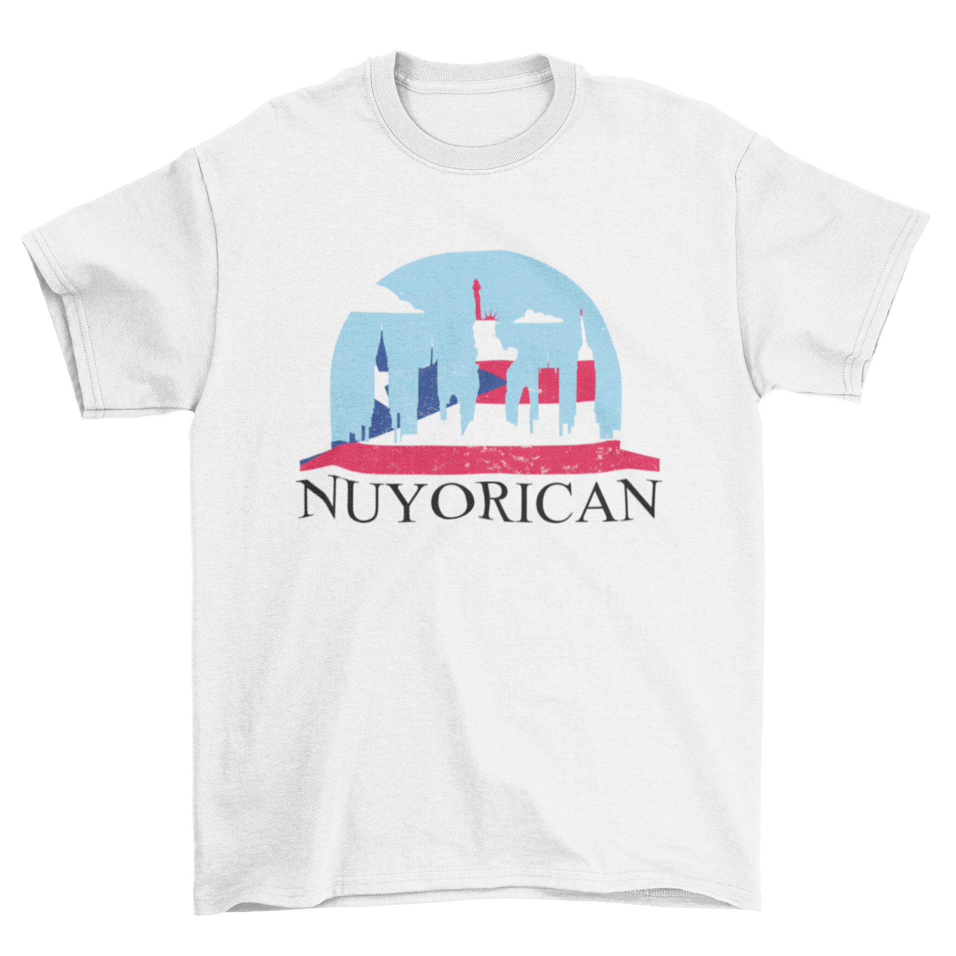 New York Puerto Rico T-shirt featuring skyline design and Puerto Rican flag.