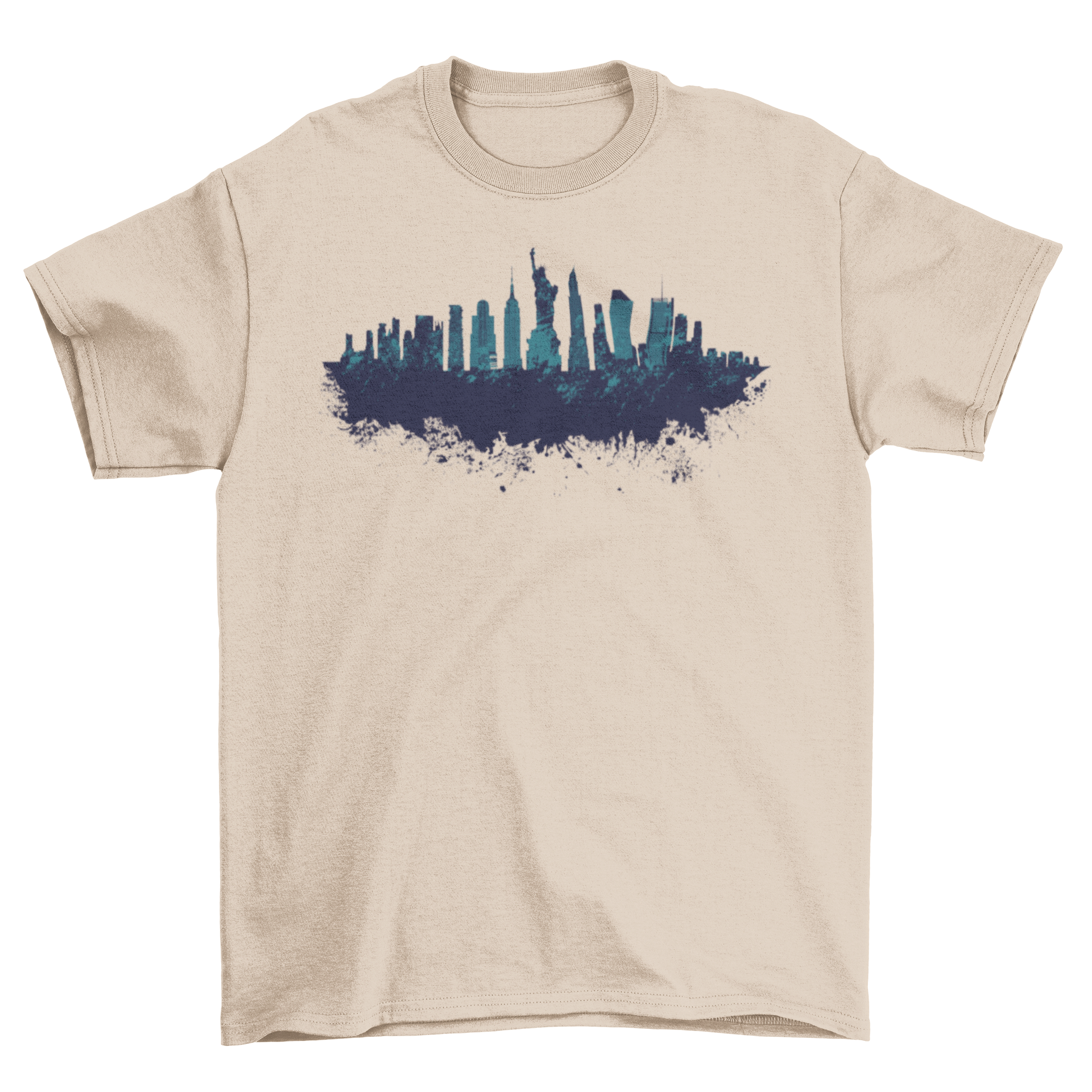 New York t-shirt featuring a blue cutout skyline design with iconic buildings and landmarks.