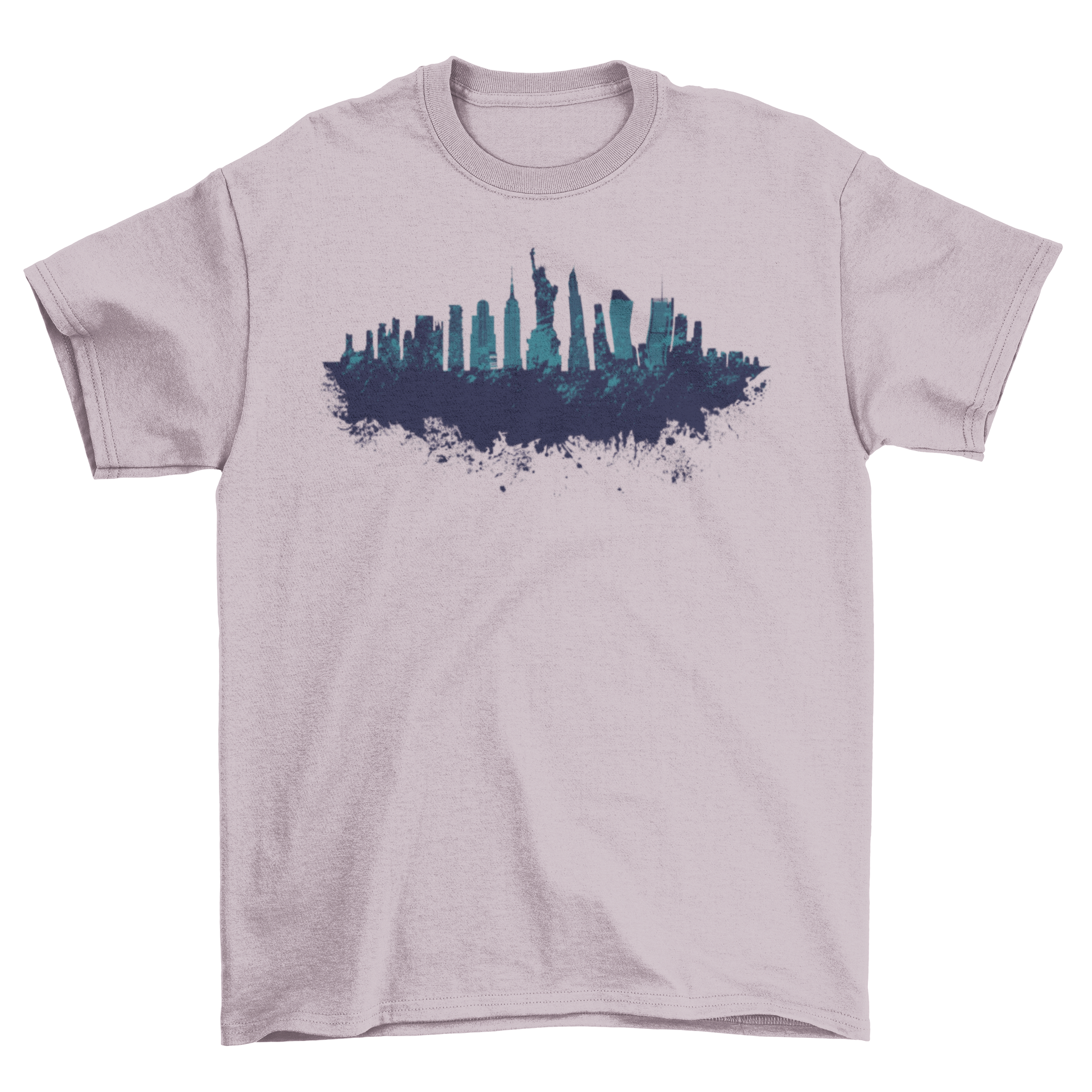 New York t-shirt featuring a blue cutout skyline design with iconic buildings and landmarks.