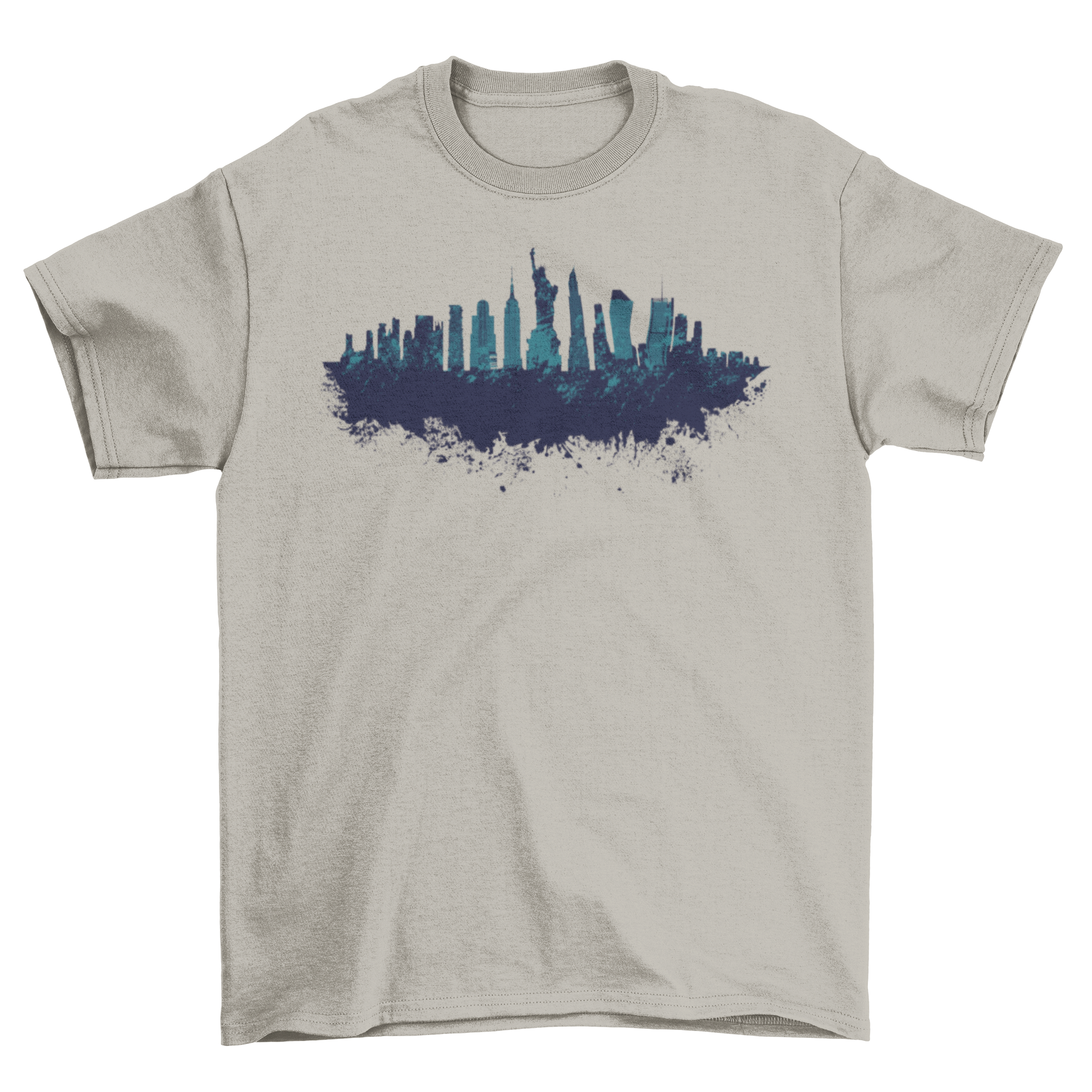 New York t-shirt featuring a blue cutout skyline design with iconic buildings and landmarks.