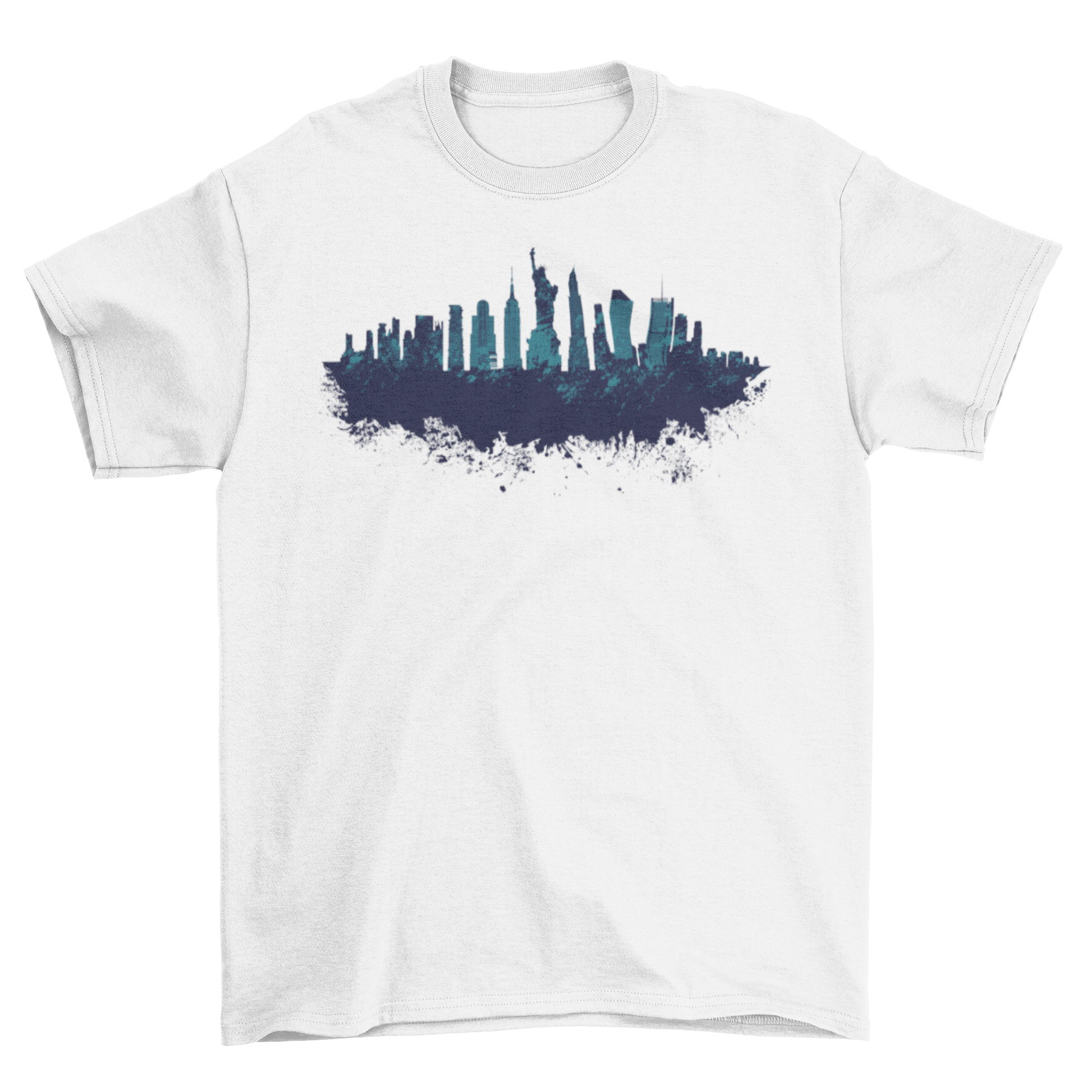 New York t-shirt featuring a blue cutout skyline design with iconic buildings and landmarks.