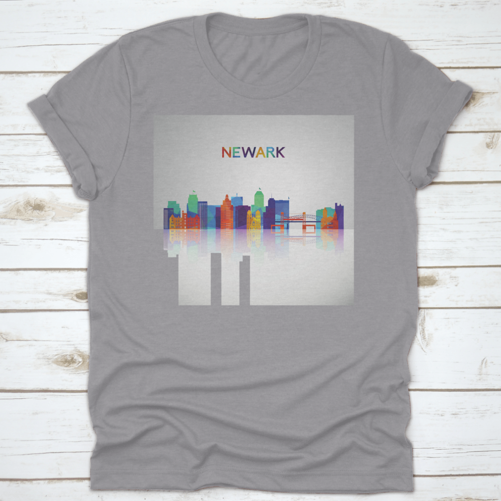 A colorful geometric silhouette of the Newark skyline, showcasing vibrant shapes and reflections, perfect for casual wear.