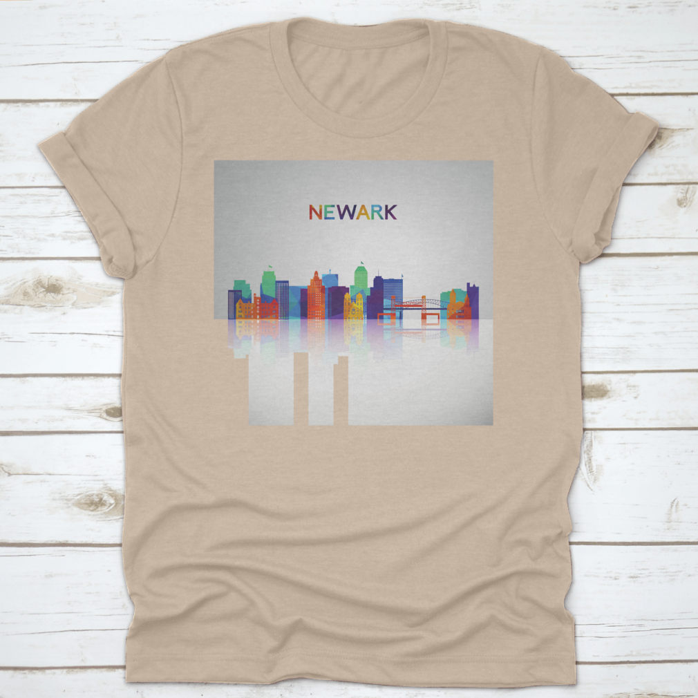 A colorful geometric silhouette of the Newark skyline, showcasing vibrant shapes and reflections, perfect for casual wear.