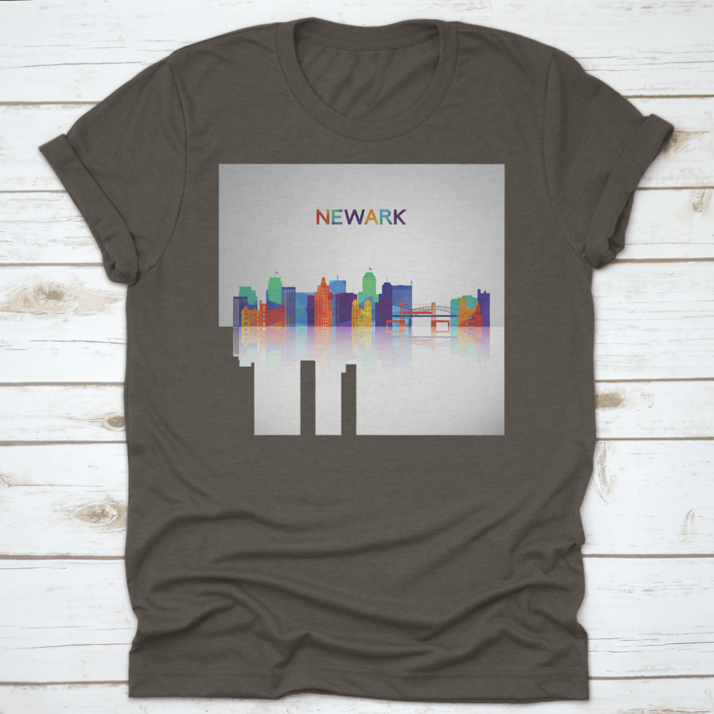 A colorful geometric silhouette of the Newark skyline, showcasing vibrant shapes and reflections, perfect for casual wear.