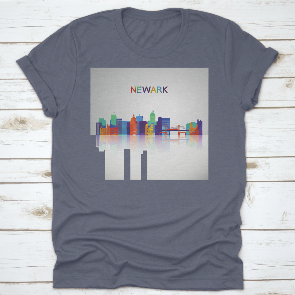 A colorful geometric silhouette of the Newark skyline, showcasing vibrant shapes and reflections, perfect for casual wear.