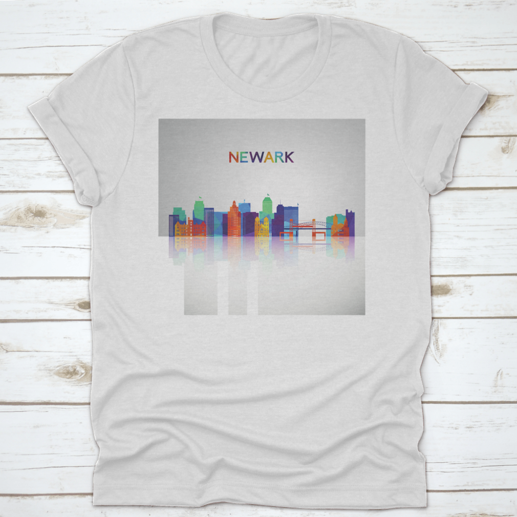 A colorful geometric silhouette of the Newark skyline, showcasing vibrant shapes and reflections, perfect for casual wear.