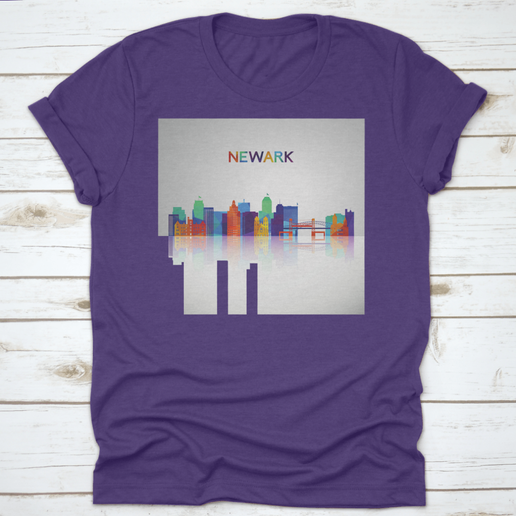 A colorful geometric silhouette of the Newark skyline, showcasing vibrant shapes and reflections, perfect for casual wear.