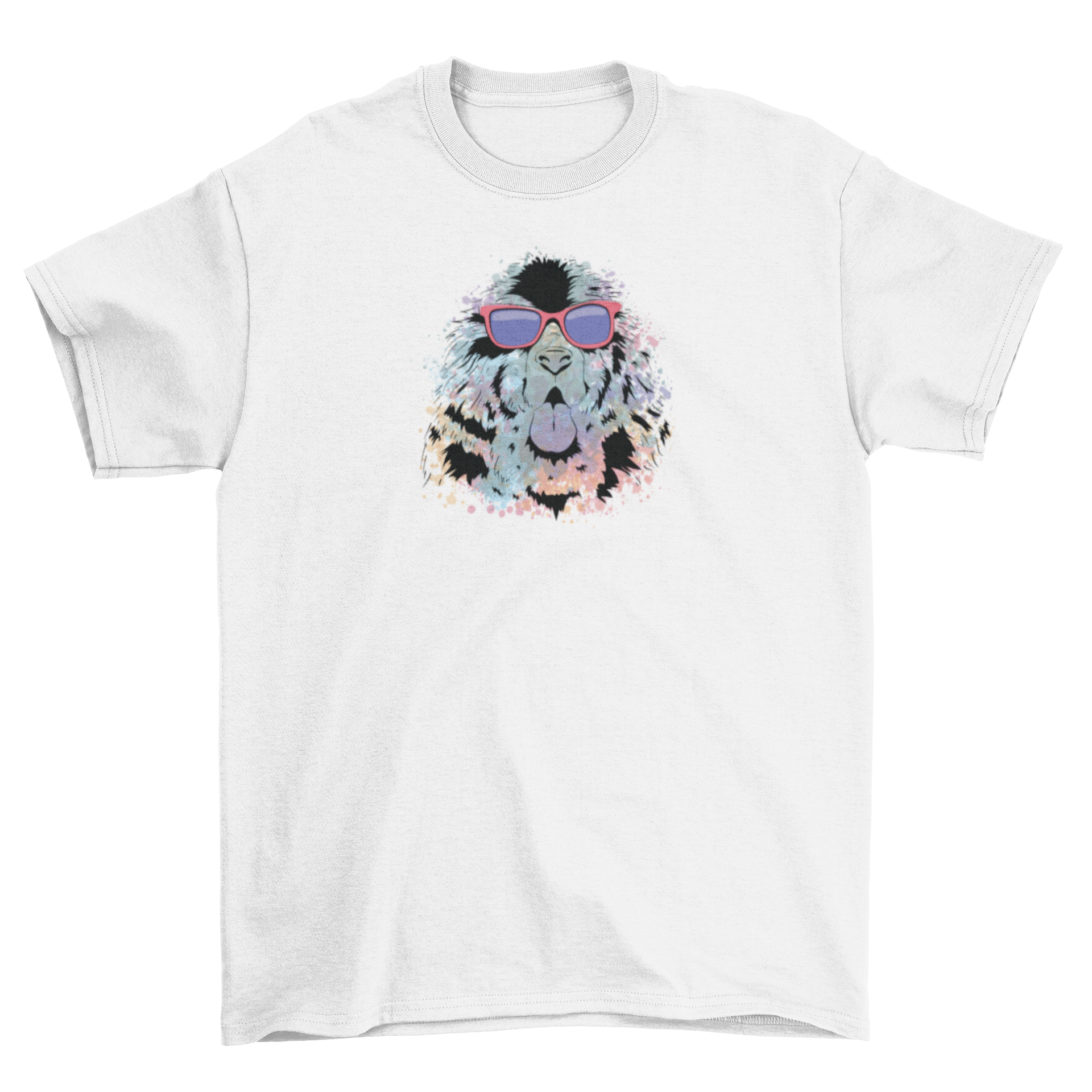 Newfoundland Cool Dog T-Shirt featuring a puppy in sunglasses with a trippy graphic design.