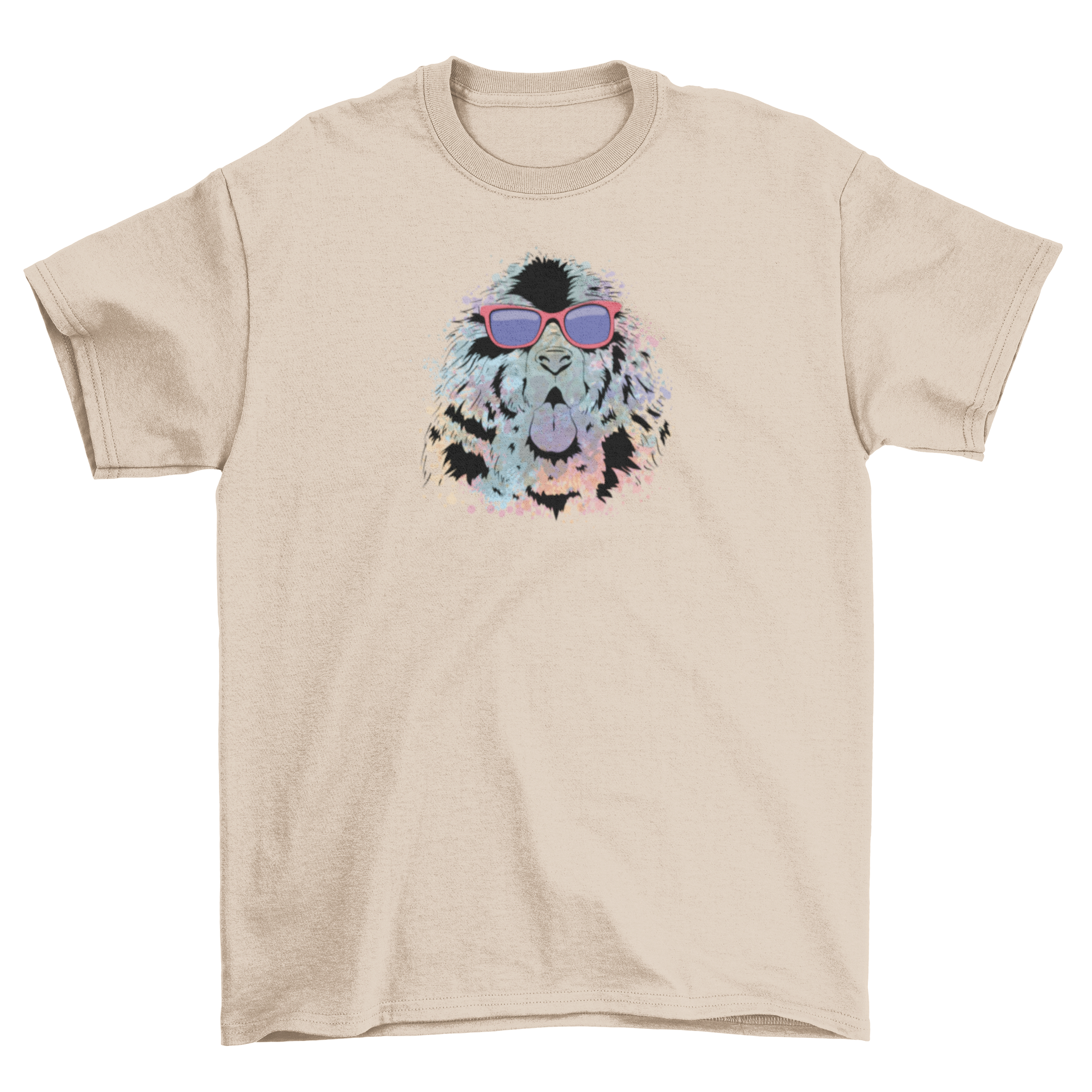 Newfoundland Cool Dog T-Shirt featuring a puppy in sunglasses with a trippy graphic design.