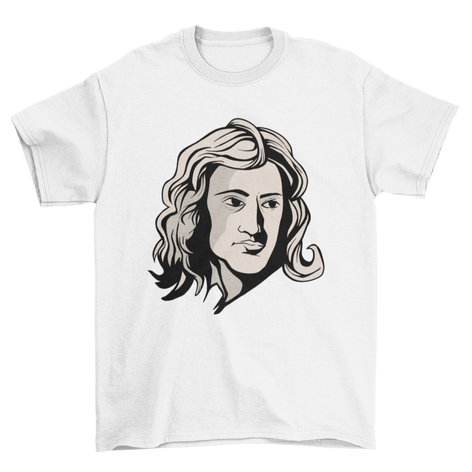 A stylish T-shirt featuring a detailed portrait of Isaac Newton, showcasing his contributions to science.