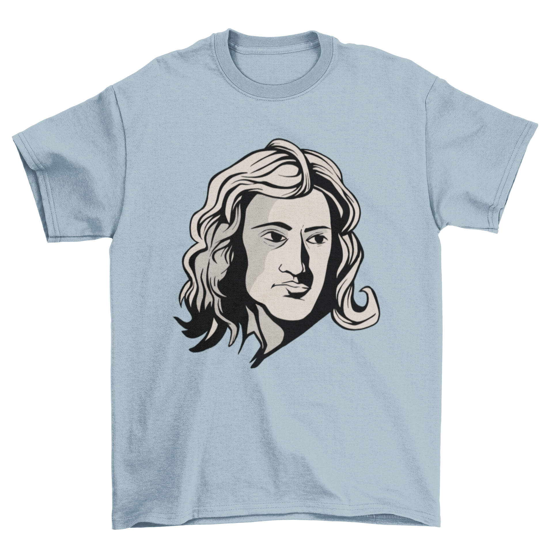 A stylish T-shirt featuring a detailed portrait of Isaac Newton, showcasing his contributions to science.