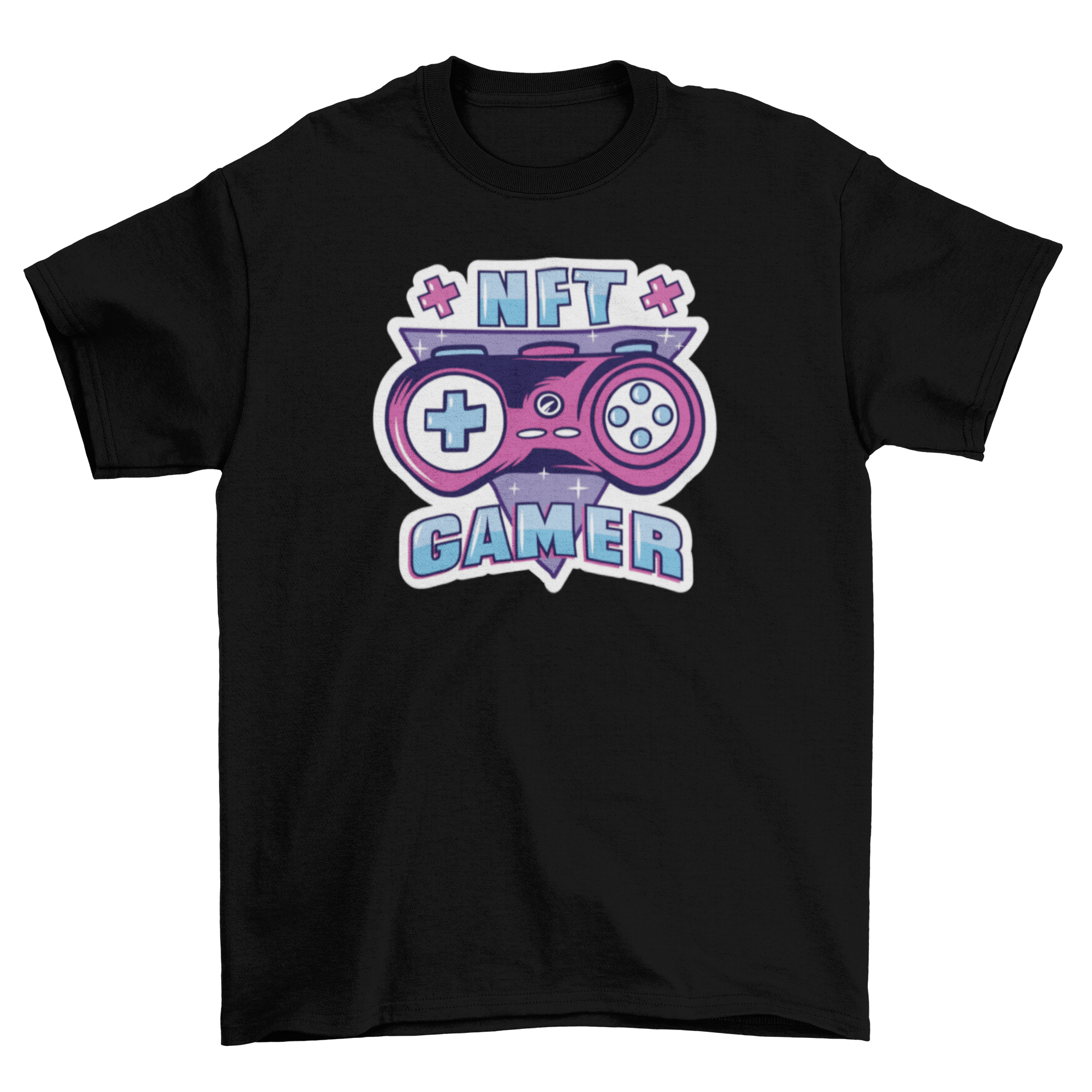 NFT Gamer t-shirt featuring a retro design with a triangle and gaming controller under the quote 'NFT Gamer'.