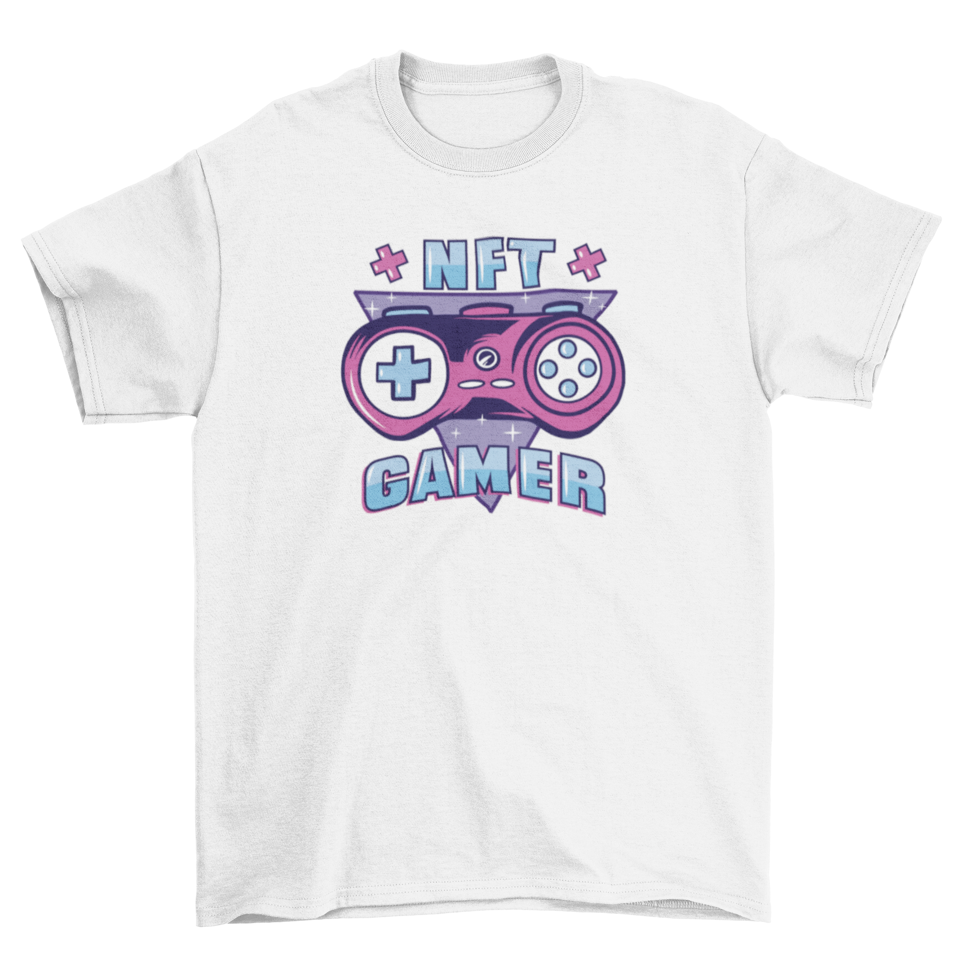 NFT Gamer t-shirt featuring a retro design with a triangle and gaming controller under the quote 'NFT Gamer'.