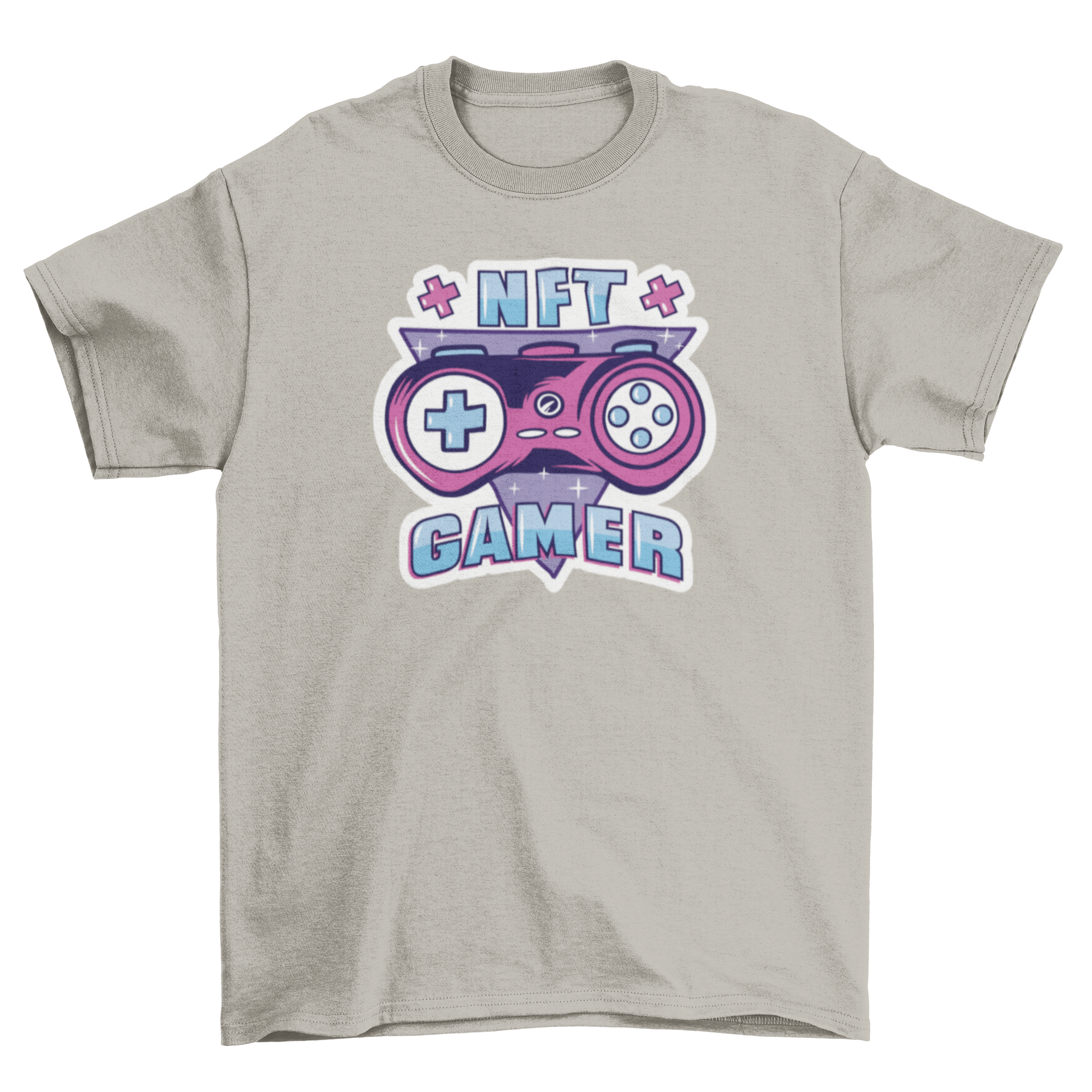 NFT Gamer t-shirt featuring a retro design with a triangle and gaming controller under the quote 'NFT Gamer'.