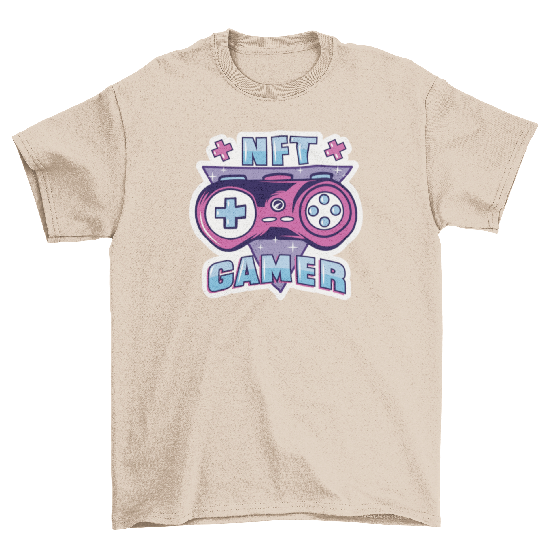 NFT Gamer t-shirt featuring a retro design with a triangle and gaming controller under the quote 'NFT Gamer'.