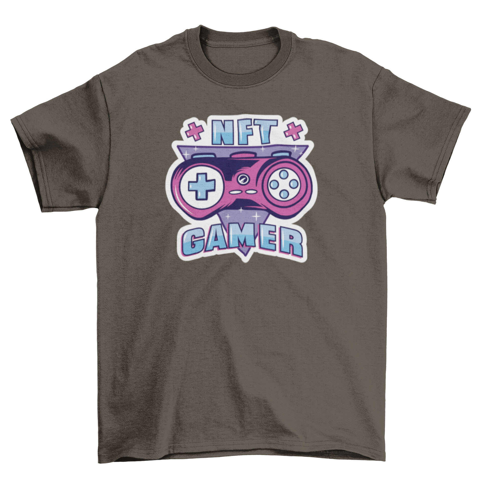 NFT Gamer t-shirt featuring a retro design with a triangle and gaming controller under the quote 'NFT Gamer'.