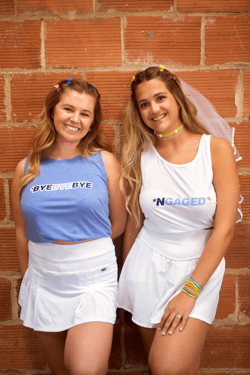 Two stylish tank tops featuring 'NGAGED' and 'Bye Bye Bye' designs, perfect for bachelorette parties.