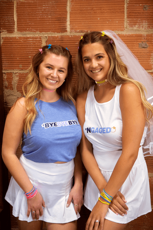 Two stylish tank tops featuring 'NGAGED' and 'Bye Bye Bye' designs, perfect for bachelorette parties.