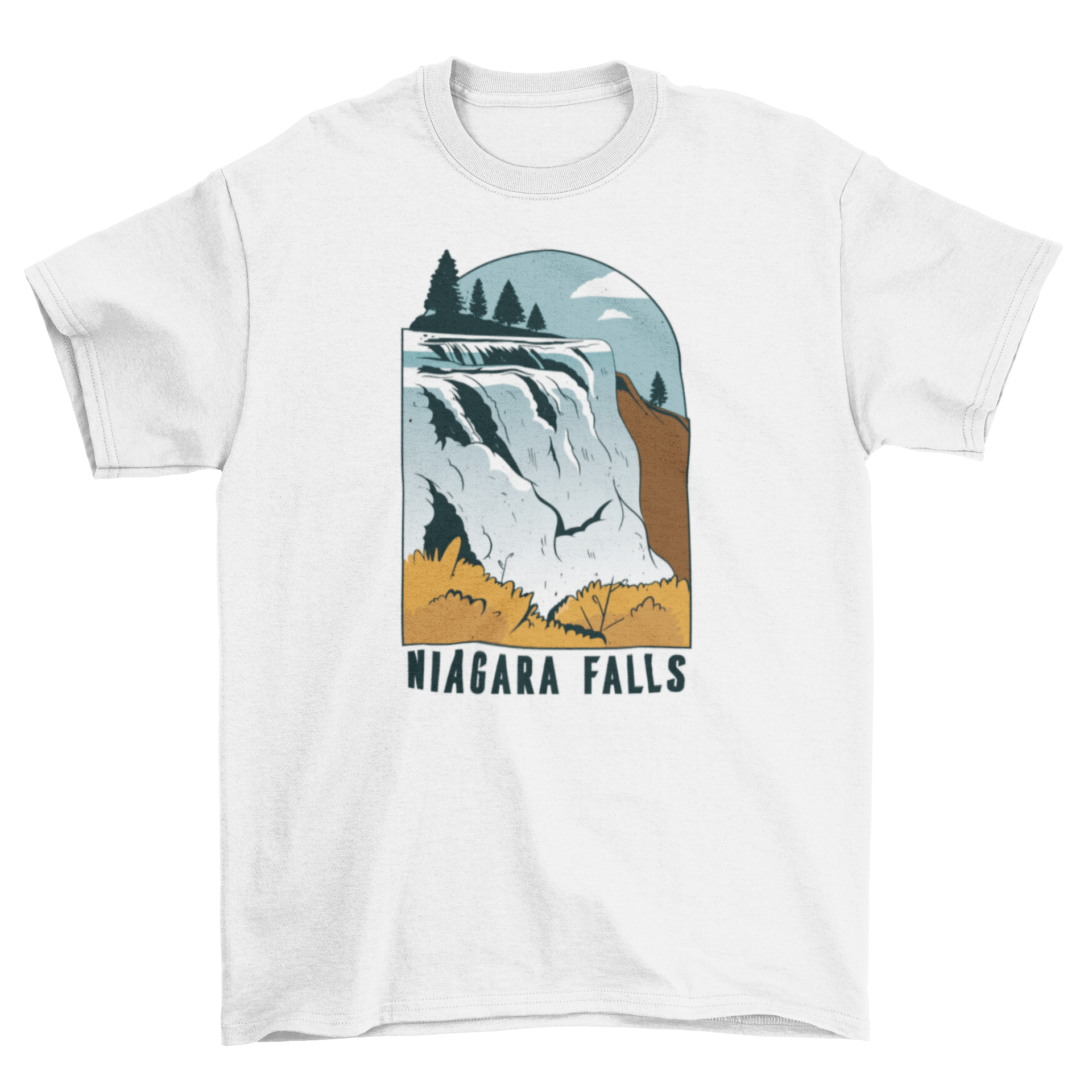 A stylish t-shirt featuring a vibrant illustration of Niagara Falls, showcasing cascading water and lush surroundings.