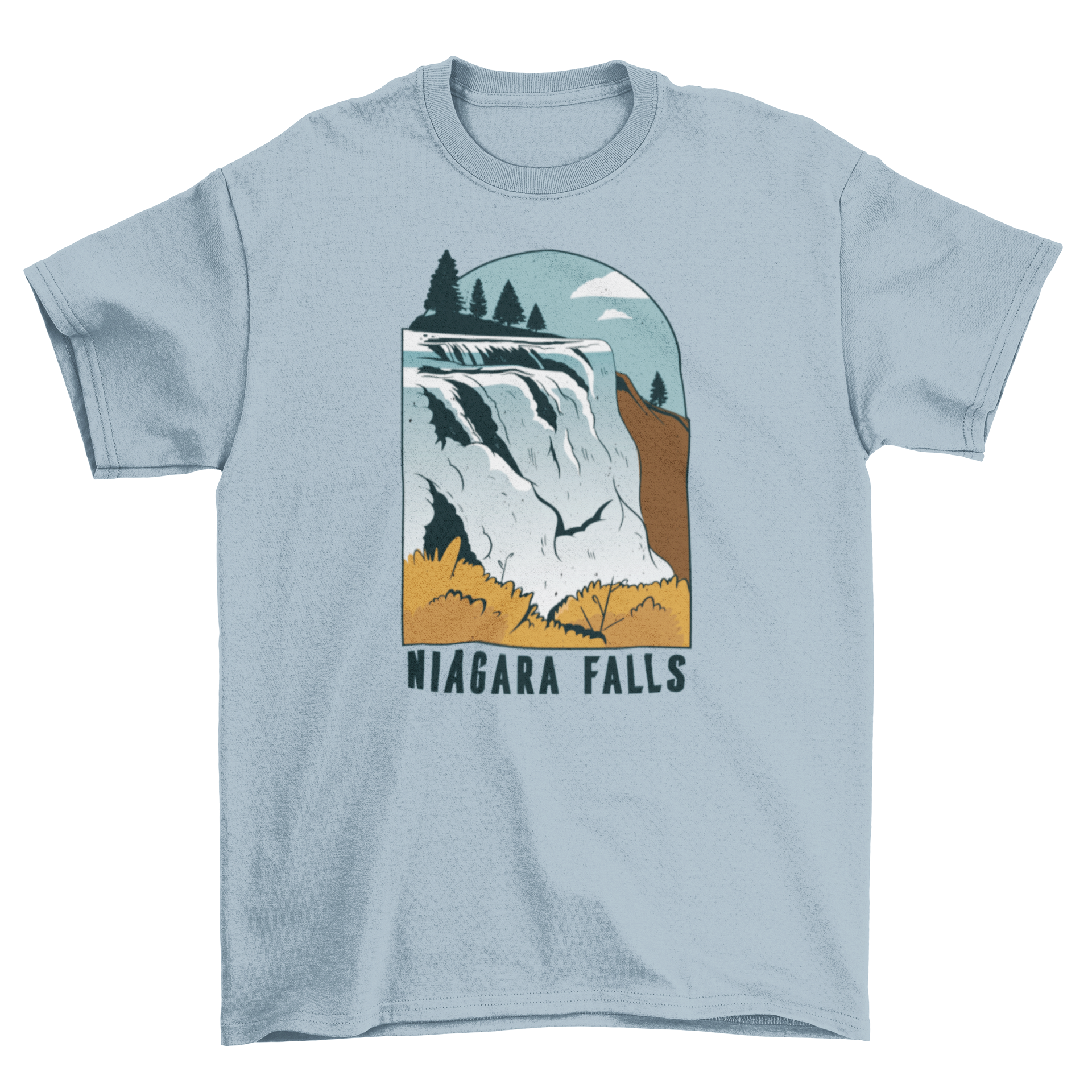 A stylish t-shirt featuring a vibrant illustration of Niagara Falls, showcasing cascading water and lush surroundings.