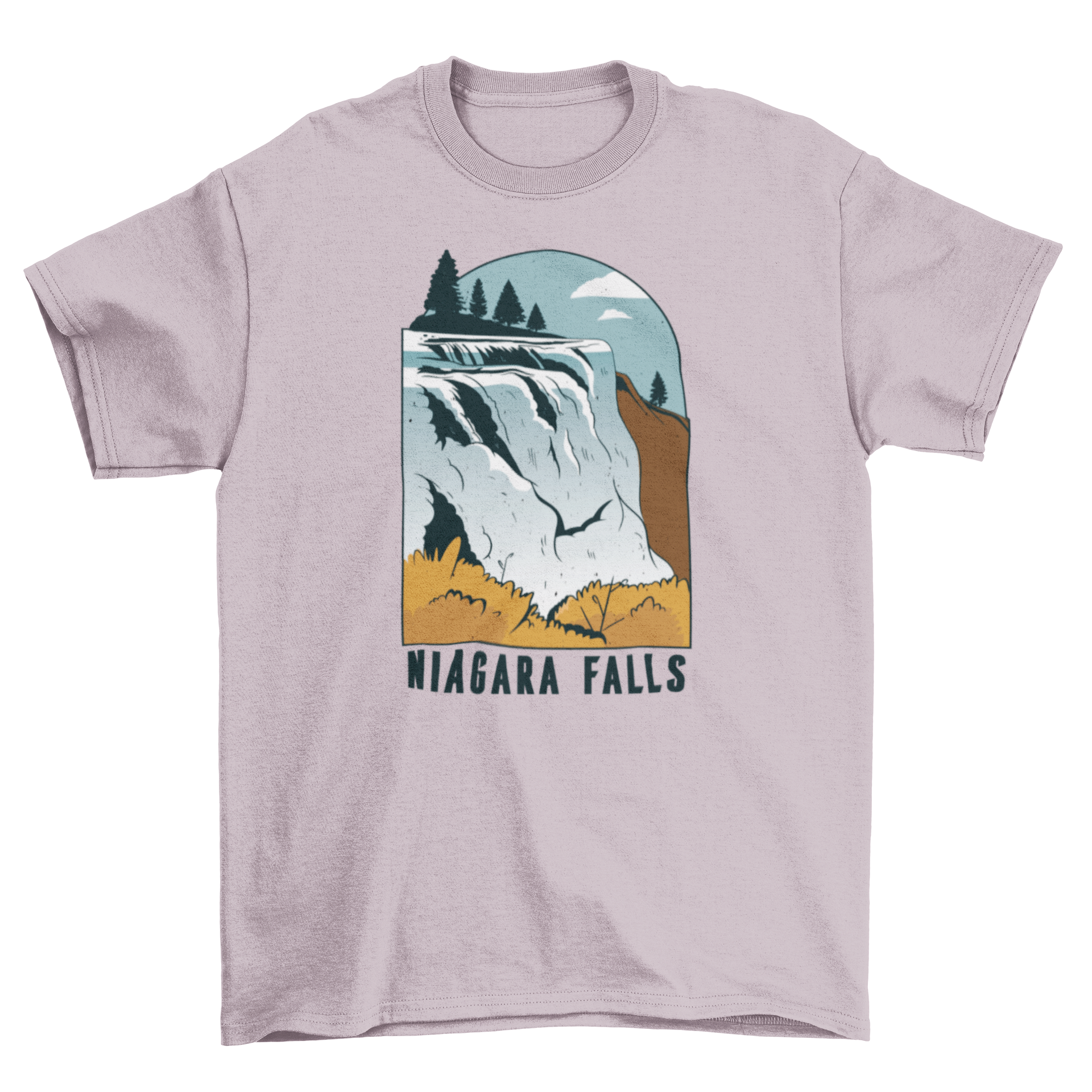 A stylish t-shirt featuring a vibrant illustration of Niagara Falls, showcasing cascading water and lush surroundings.