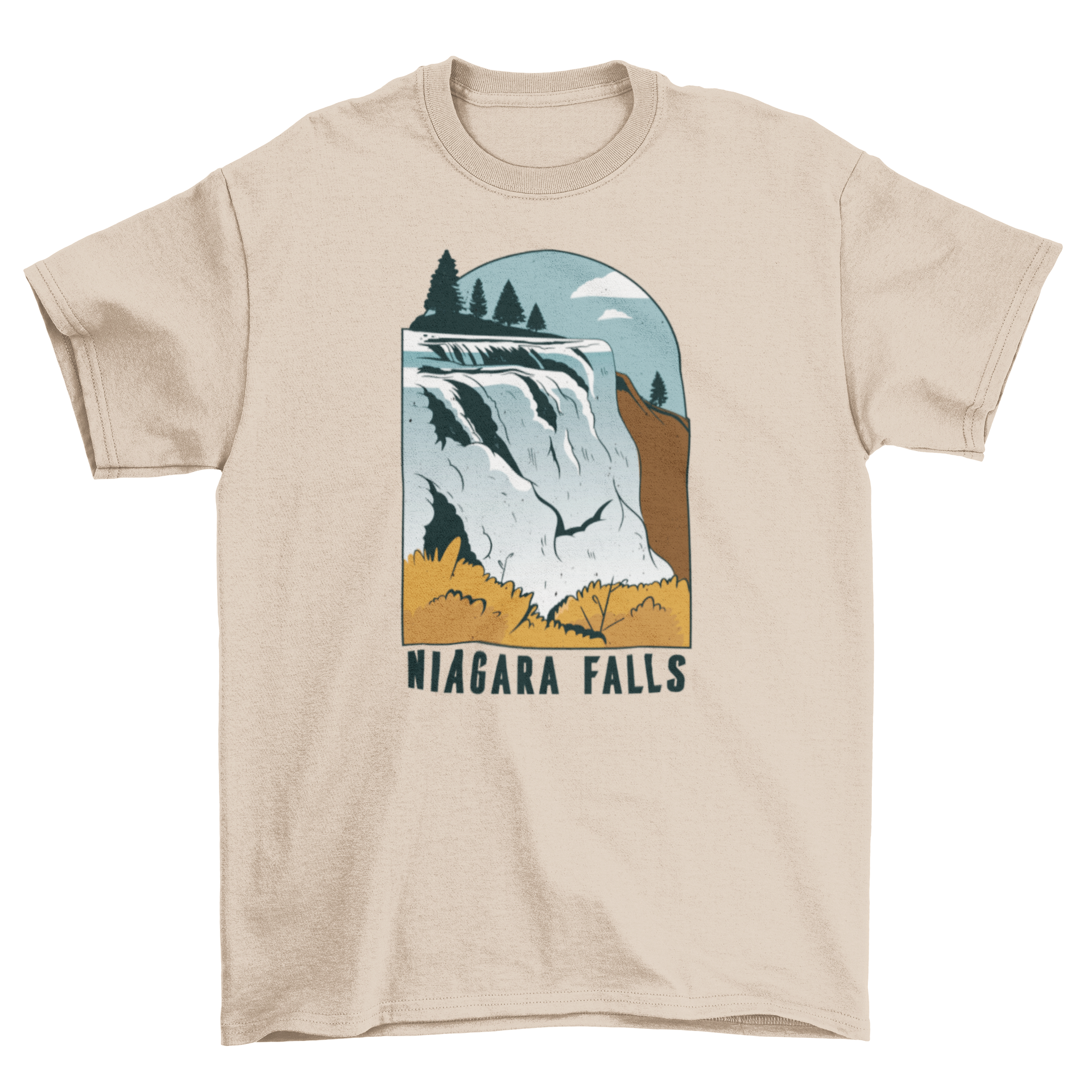 A stylish t-shirt featuring a vibrant illustration of Niagara Falls, showcasing cascading water and lush surroundings.