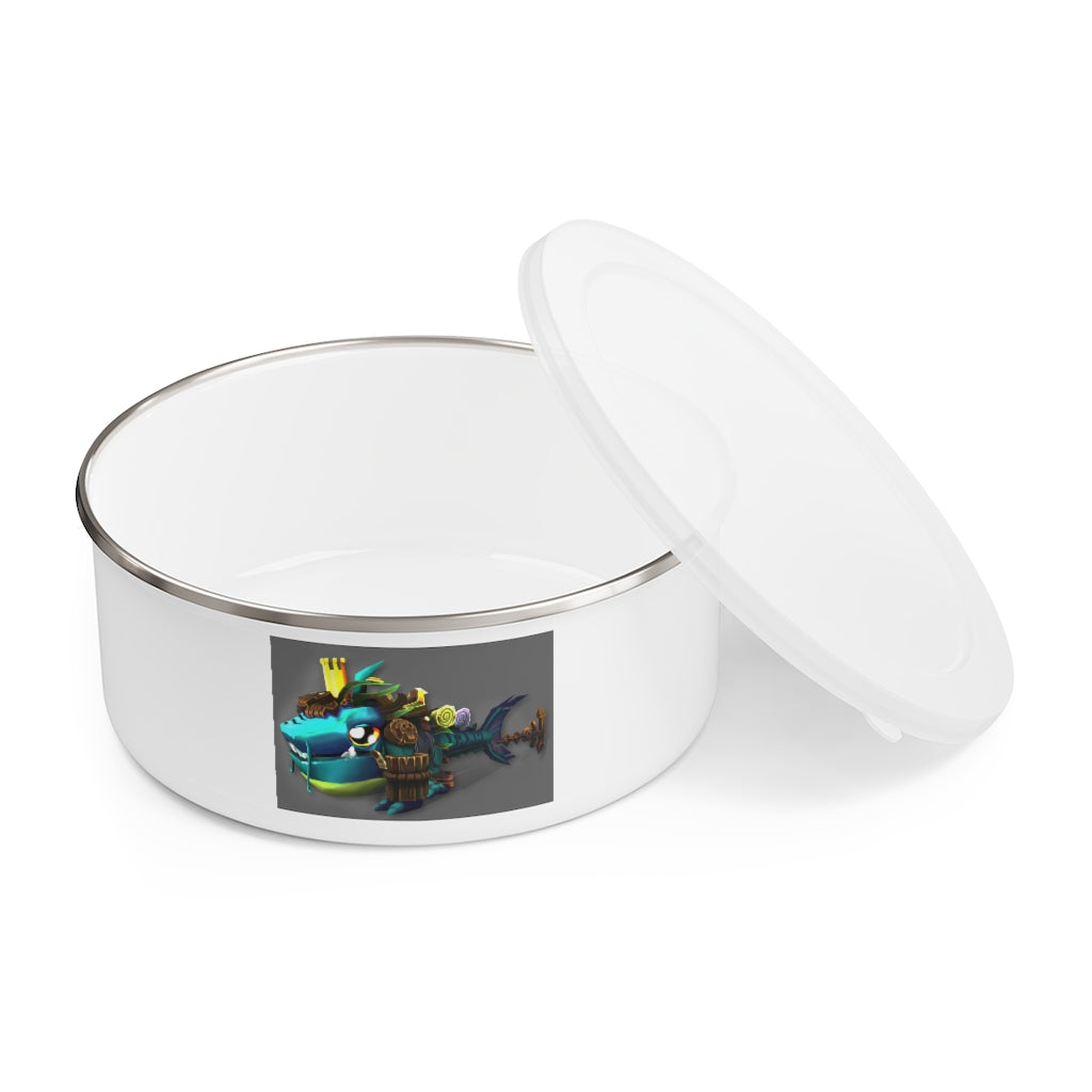 Nibblers the Misfit Shark Enamel Bowl featuring a stylish design, translucent lid, and anti-slip backing.