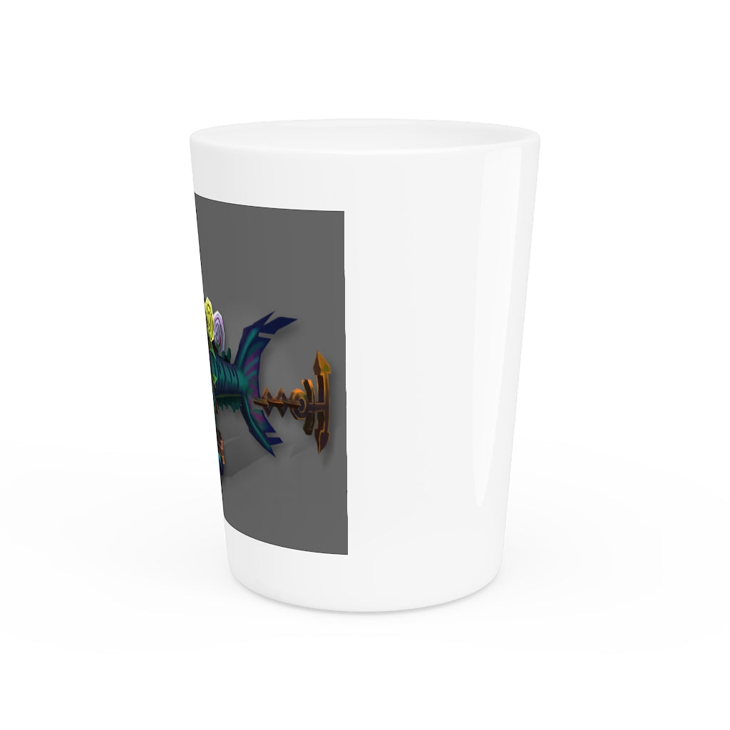 Personalized Nibblers the Misfit Shark Shot Glass with white ceramic and customizable interior options.