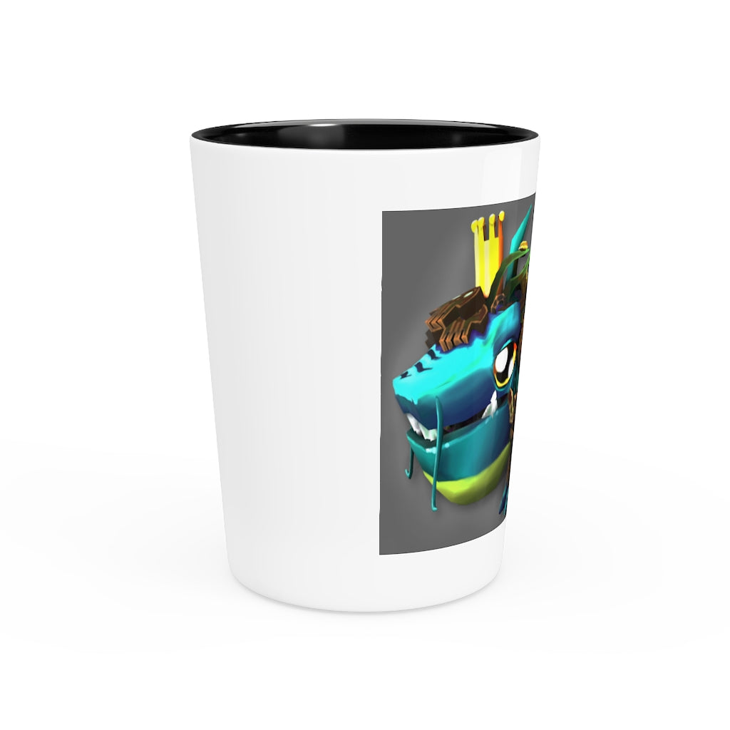 Personalized Nibblers the Misfit Shark Shot Glass with white ceramic and customizable interior options.