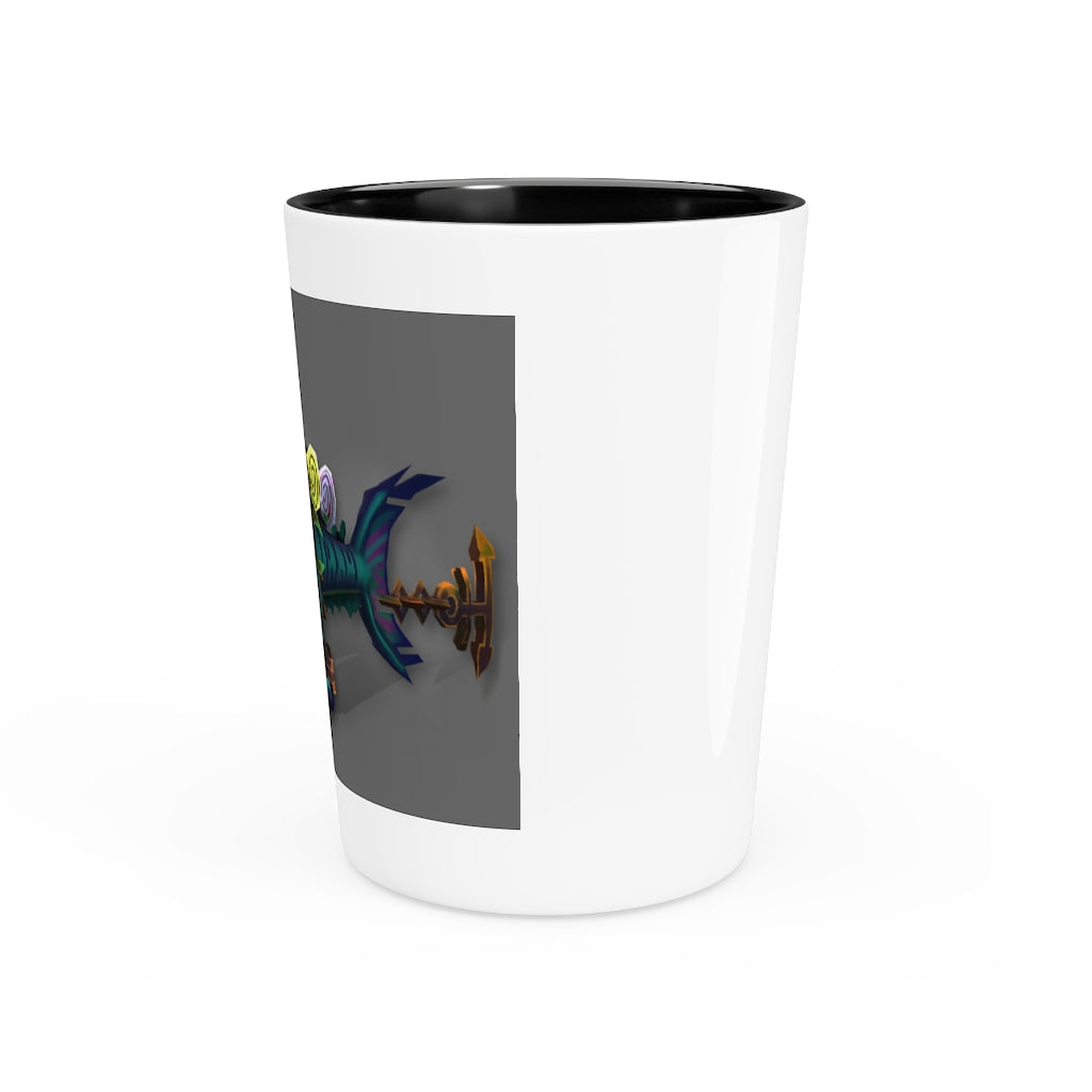 Personalized Nibblers the Misfit Shark Shot Glass with white ceramic and customizable interior options.