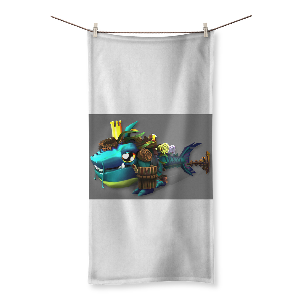 Nibblers the Misfit Shark Sublimation All Over Towel featuring vibrant shark design on one side and soft cotton backing on the other.