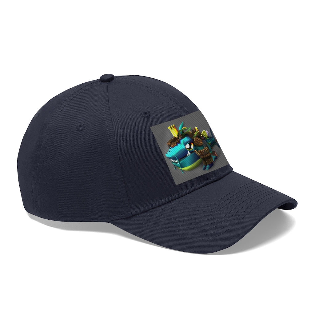 Nibblers the Misfit Shark Unisex Twill Hat in cotton twill with adjustable Velcro closure, featuring a classic 6-panel design.