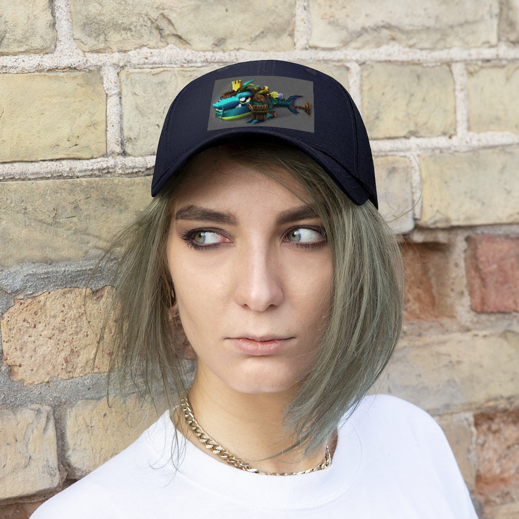 Nibblers the Misfit Shark Unisex Twill Hat in cotton twill with adjustable Velcro closure, featuring a classic 6-panel design.