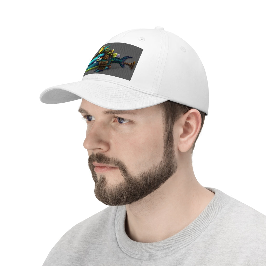 Nibblers the Misfit Shark Unisex Twill Hat in cotton twill with adjustable Velcro closure, featuring a classic 6-panel design.