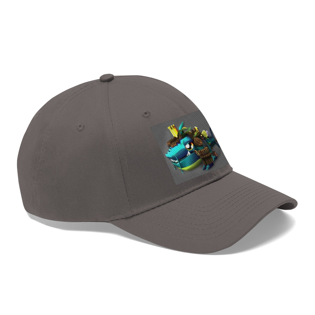 Nibblers the Misfit Shark Unisex Twill Hat in cotton twill with adjustable Velcro closure, featuring a classic 6-panel design.