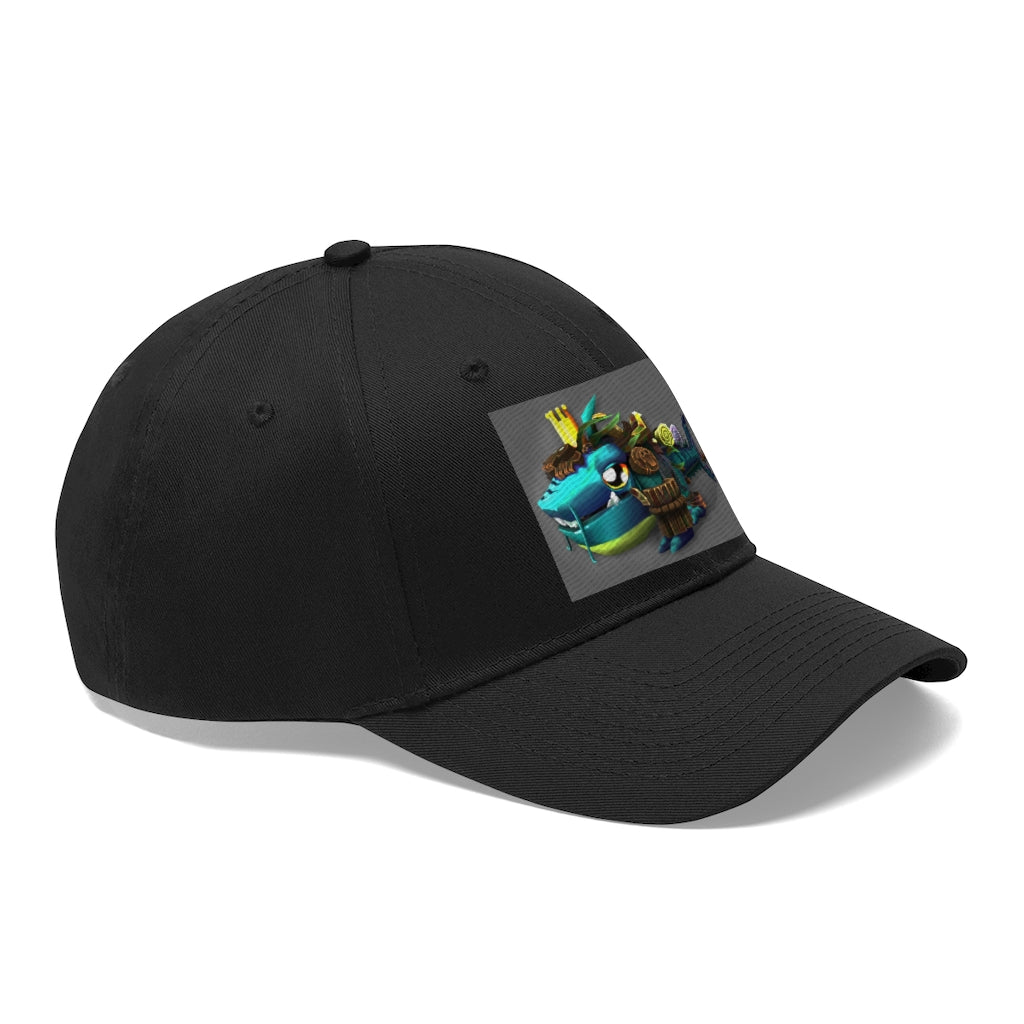 Nibblers the Misfit Shark Unisex Twill Hat in cotton twill with adjustable Velcro closure, featuring a classic 6-panel design.